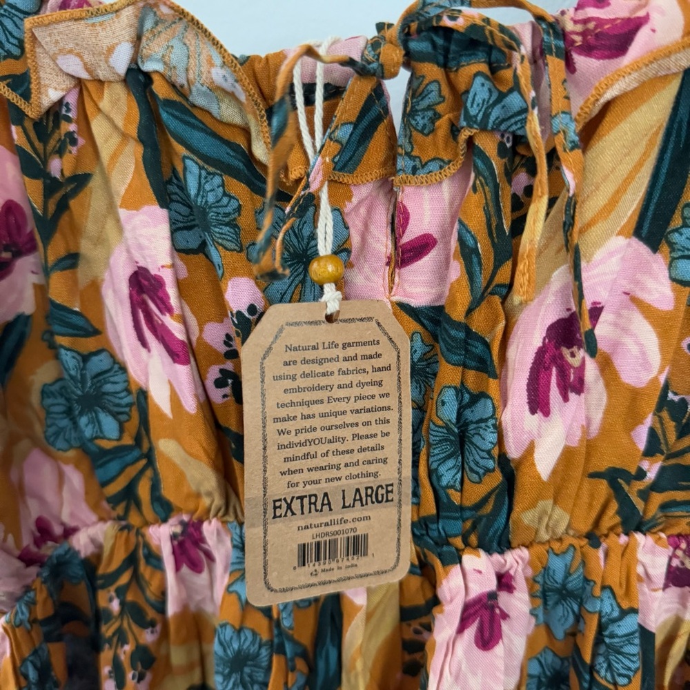 Natural Life XL NEW Floral Mini Dress Yellow Pink Boho Cottage Elastic Waist - Picture 7 of 10